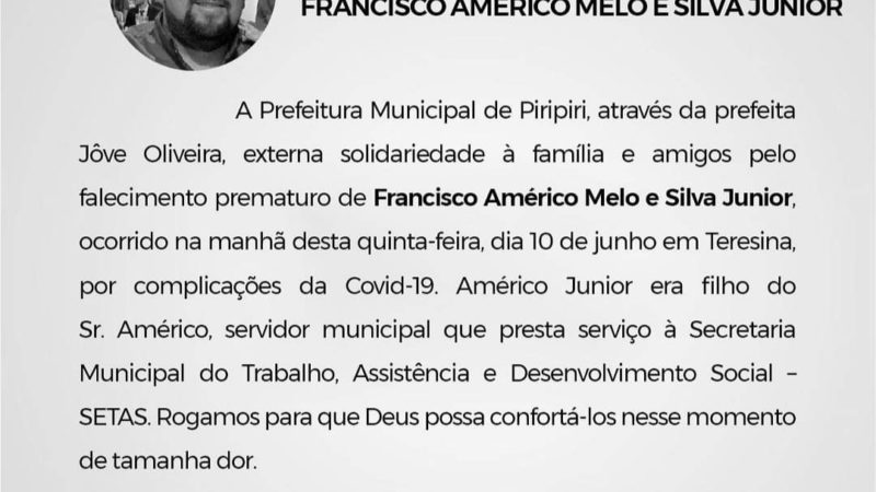 Prefeitura de Piripiri emite nota de pesar por morte de filho de servidor da SETAS