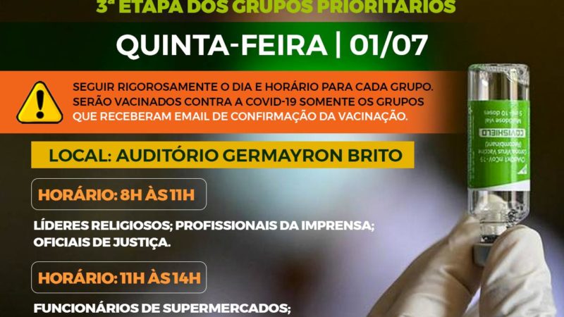 Saúde de Piripiri realiza 3ª Etapa de vacinação contra Covid-19 para grupos prioritários nesta quinta-feira (01)