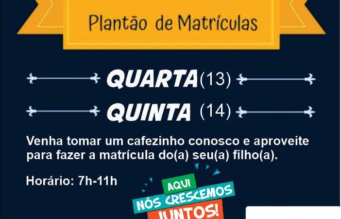 Educandário Cristo informa: nesta quarta-feira (13) e quinta-feira(14) estará com plantão de matrículas de 7h as 11h Estamos esperando você!