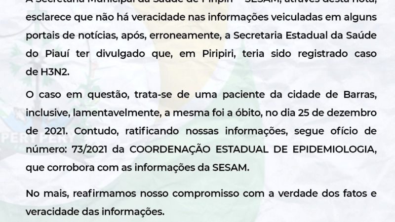 Sec. Municipal de Saúde de Piripiri e Sesapi emitem nota após divulgação errada em alguns sites sobre um óbito por H3N2 na cidade