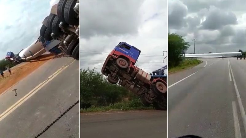 Carreta tomba com hélice de torre eólica, interdita duas BRs e cabine fica suspensa em Picos