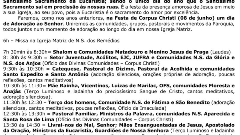 Confira programação da Festa de Corpus Christi 2023 dia 08 de junho