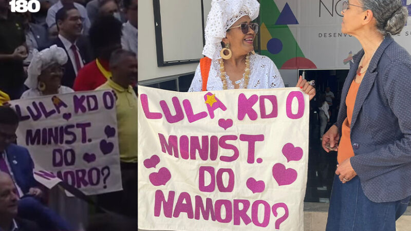 Mulher viraliza ao aparecer em evento do Lula no Piauí com faixa: “Cadê o Ministério do Namoro?”