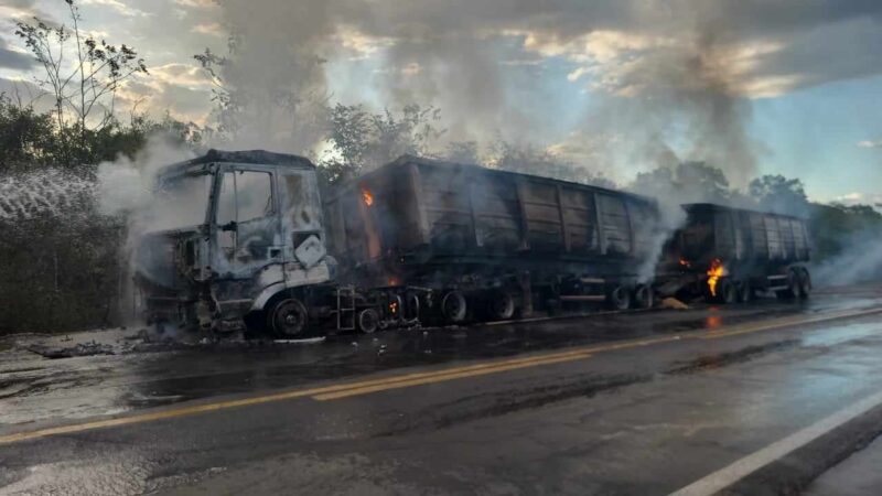 Carreta com carga de trigo pega fogo na BR-343, em Capitão de Campos