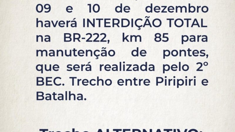 PRF comunica interdição em ponte na BR-222 no trecho entre Piripiri e Batalha