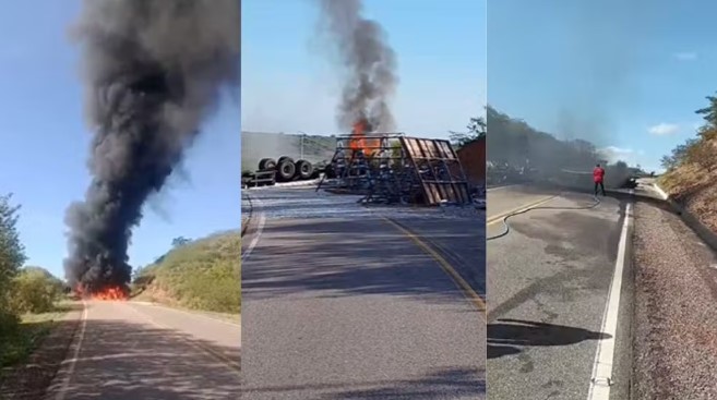 Caminhão carregado de vidro tomba, pega fogo e deixa uma pessoa morta na BR-020, no Piauí