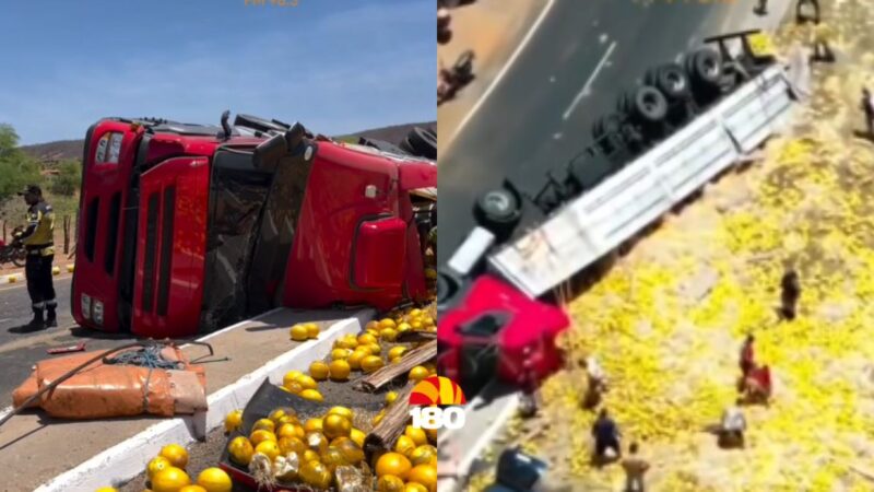 Caminhoneiro perde controle e tomba caminhão carregado de melões no interior do Piauí