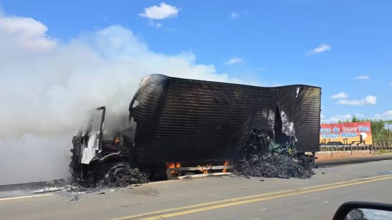 Caminhão com carga de frutas pega fogo e fica destruído na BR-343