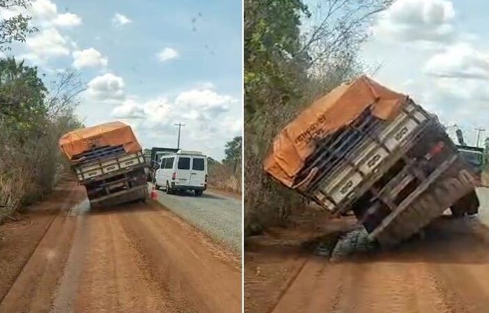 Caminhão carregado de galões de água mineral tomba na BR-222 entre Batalha e Esperantina